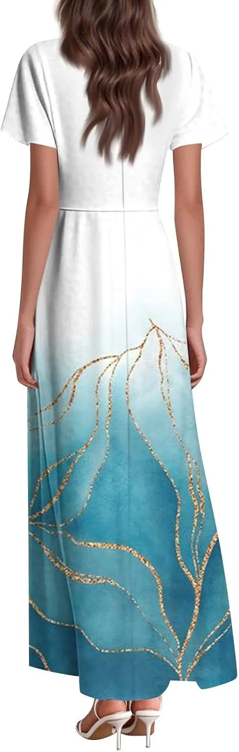 Womens Dresses Summer 2025 Fashion Midi Dress Floral Sleeve V Neck Long Flowy Boho Casual Beach Vacation Dress