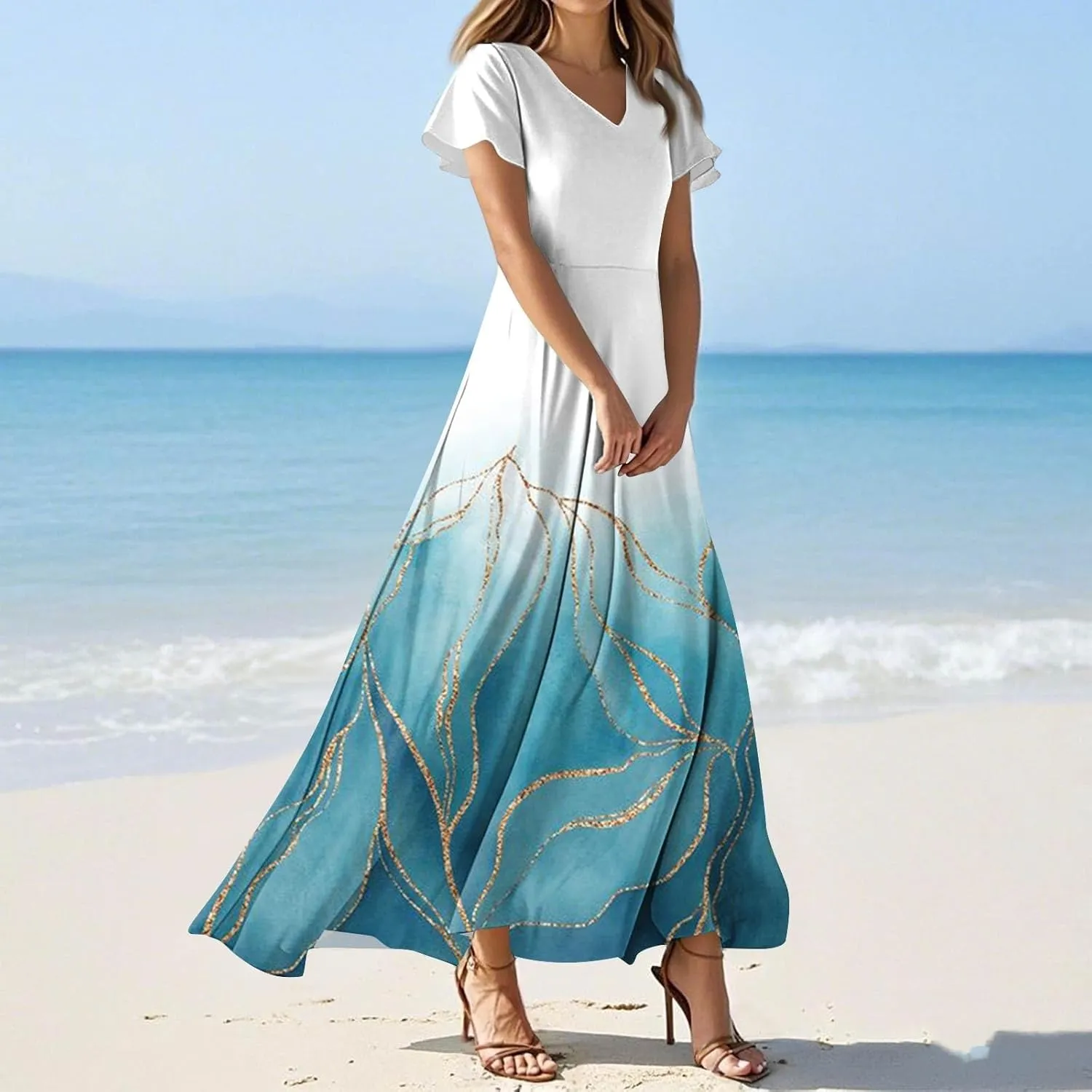 Womens Dresses Summer 2025 Fashion Midi Dress Floral Sleeve V Neck Long Flowy Boho Casual Beach Vacation Dress