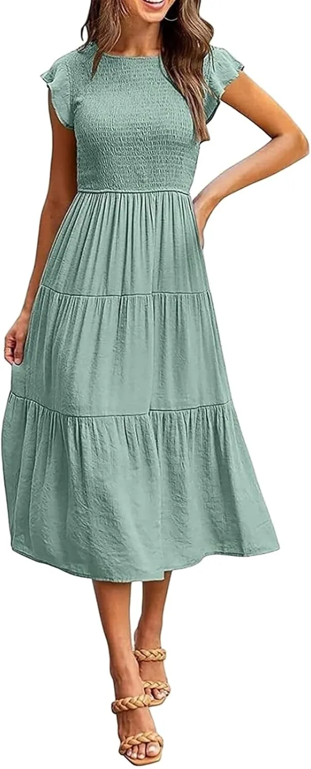 Womens Dresses Summer Casual Ruffle Short Sleeve Crew Neck Midi Dresses Elastic Waist Tiered Sundress 2025
