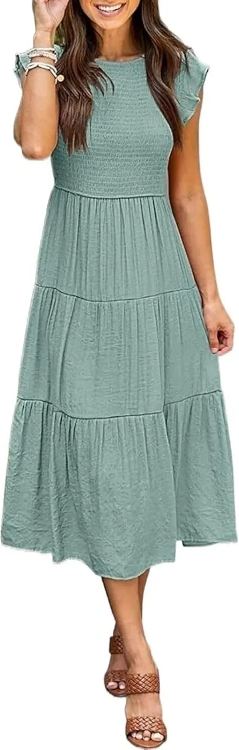 Womens Dresses Summer Casual Ruffle Short Sleeve Crew Neck Midi Dresses Elastic Waist Tiered Sundress 2025