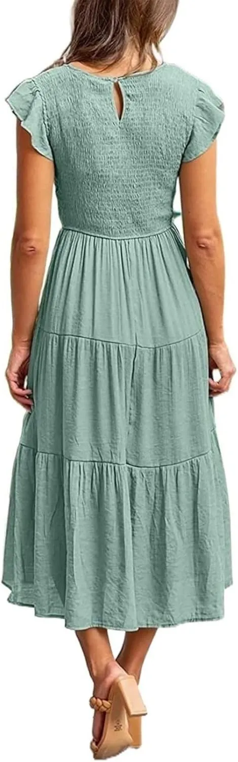 Womens Dresses Summer Casual Ruffle Short Sleeve Crew Neck Midi Dresses Elastic Waist Tiered Sundress 2025