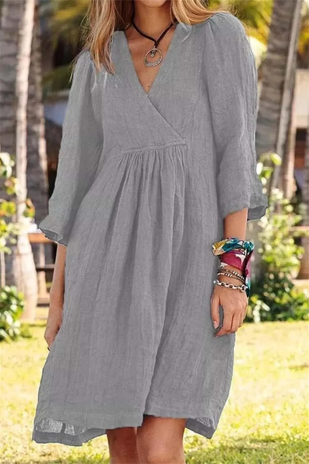 Womens Dresses Summer Cotton Linen 3/4 Sleeve V Neck Midi Dress Casual Loose Fit Beach Vacation Dress 2025