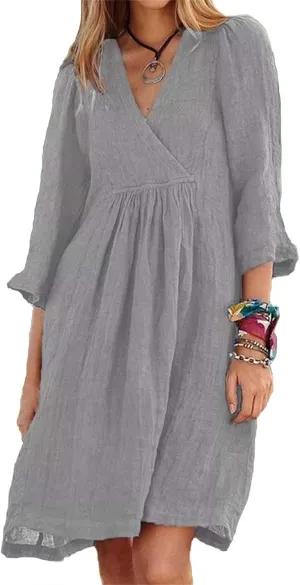 Womens Dresses Summer Cotton Linen 3/4 Sleeve V Neck Midi Dress Casual Loose Fit Beach Vacation Dress 2025