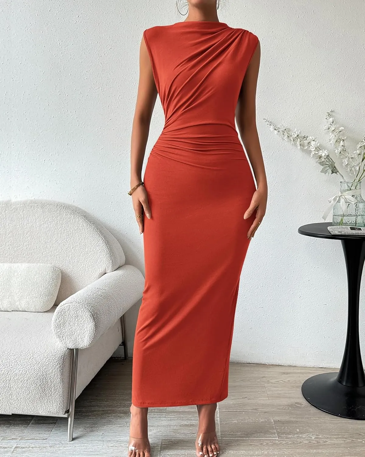 Women's Elegant Bodycon Long Dress Sleeveless Back Split Slim Dresses Sexy Ruched Evening Party Cocktail Maxi Dress
