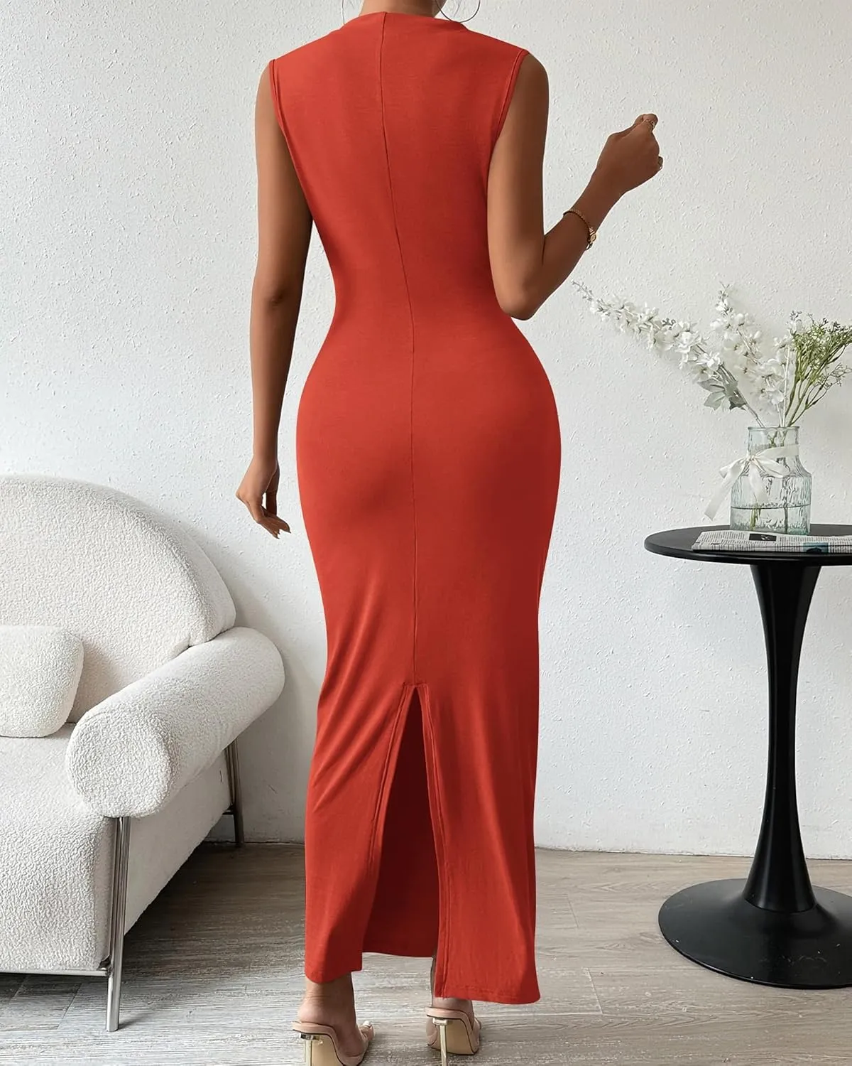 Women's Elegant Bodycon Long Dress Sleeveless Back Split Slim Dresses Sexy Ruched Evening Party Cocktail Maxi Dress