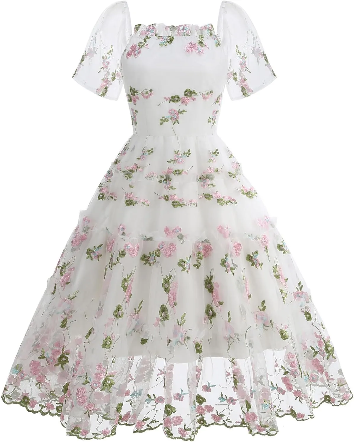 Womens Elegant Tiered Tulle Embroidered Dresses Homecoming Tea Party A-Line Vintage Square Neck Floral Dress