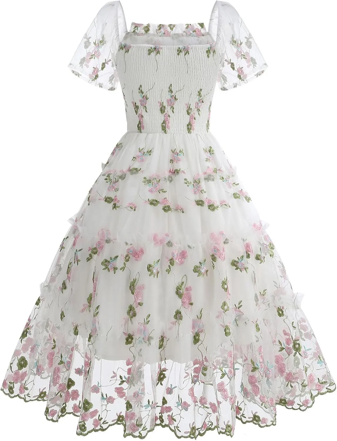 Womens Elegant Tiered Tulle Embroidered Dresses Homecoming Tea Party A-Line Vintage Square Neck Floral Dress