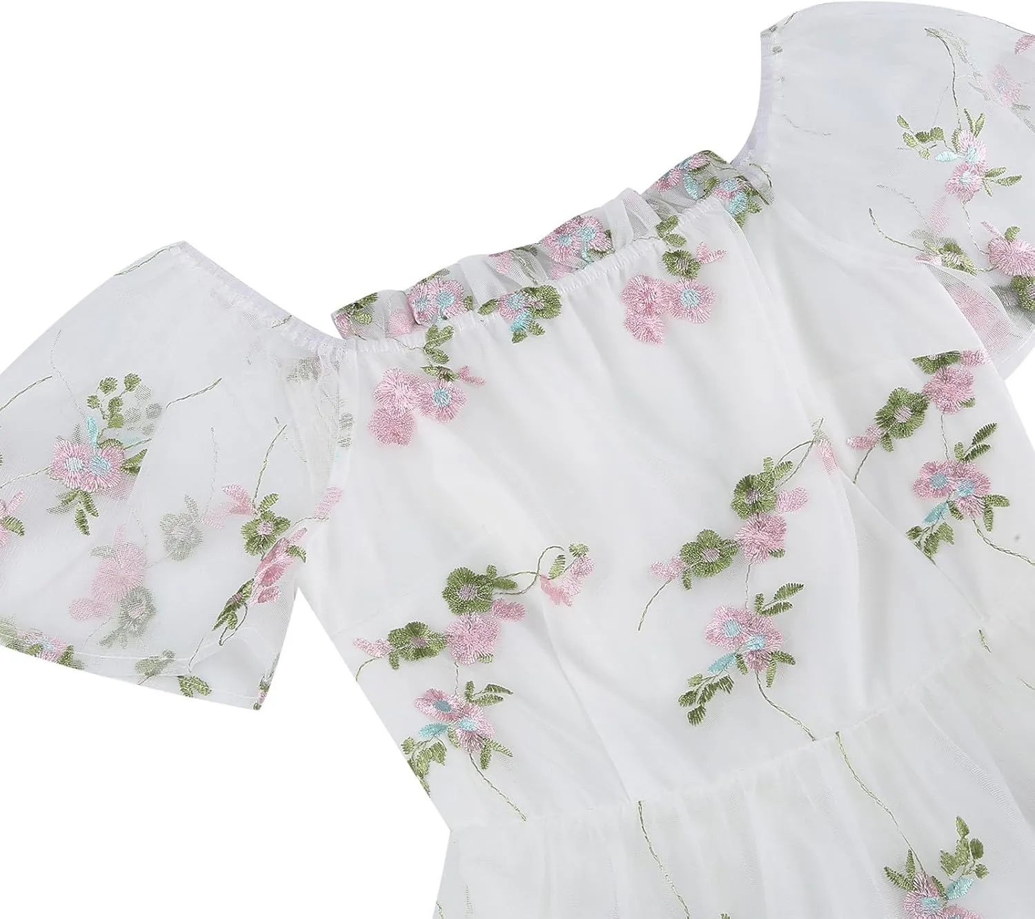 Womens Elegant Tiered Tulle Embroidered Dresses Homecoming Tea Party A-Line Vintage Square Neck Floral Dress