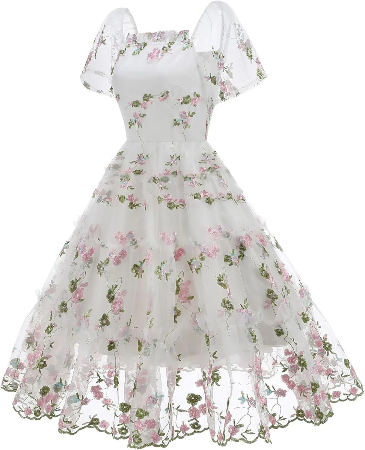 Womens Elegant Tiered Tulle Embroidered Dresses Homecoming Tea Party A-Line Vintage Square Neck Floral Dress