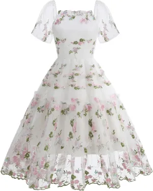 Womens Elegant Tiered Tulle Embroidered Dresses Homecoming Tea Party A-Line Vintage Square Neck Floral Dress