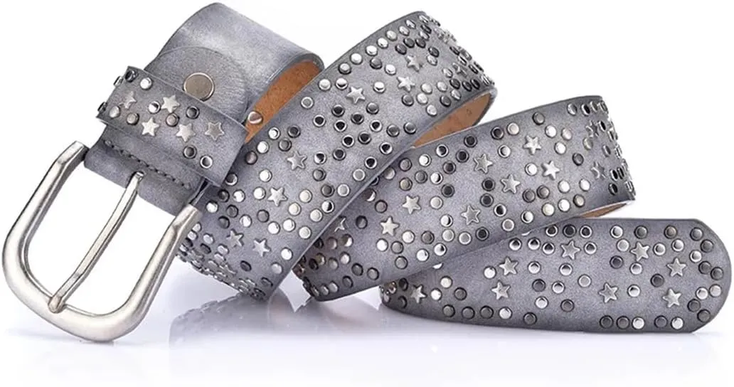 Women’S Fashion PU Leather Belt Sequins Metal Buckle Rivet Belt