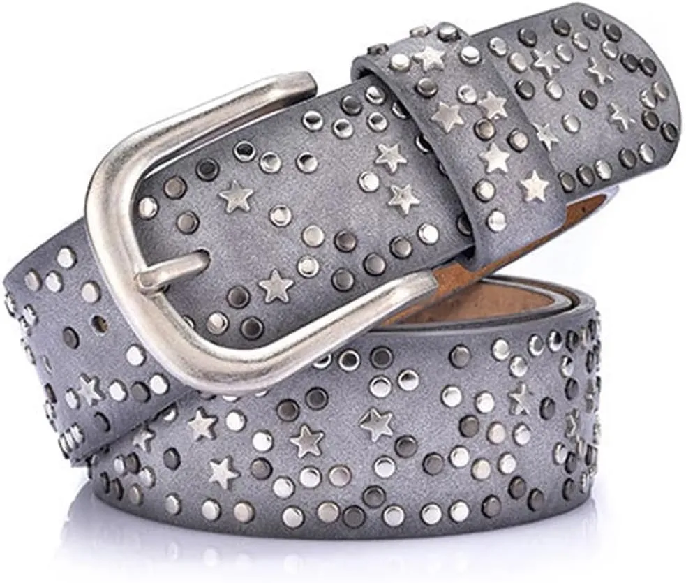 Women’S Fashion PU Leather Belt Sequins Metal Buckle Rivet Belt