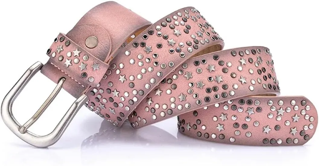 Women’S Fashion PU Leather Belt Sequins Metal Buckle Rivet Belt