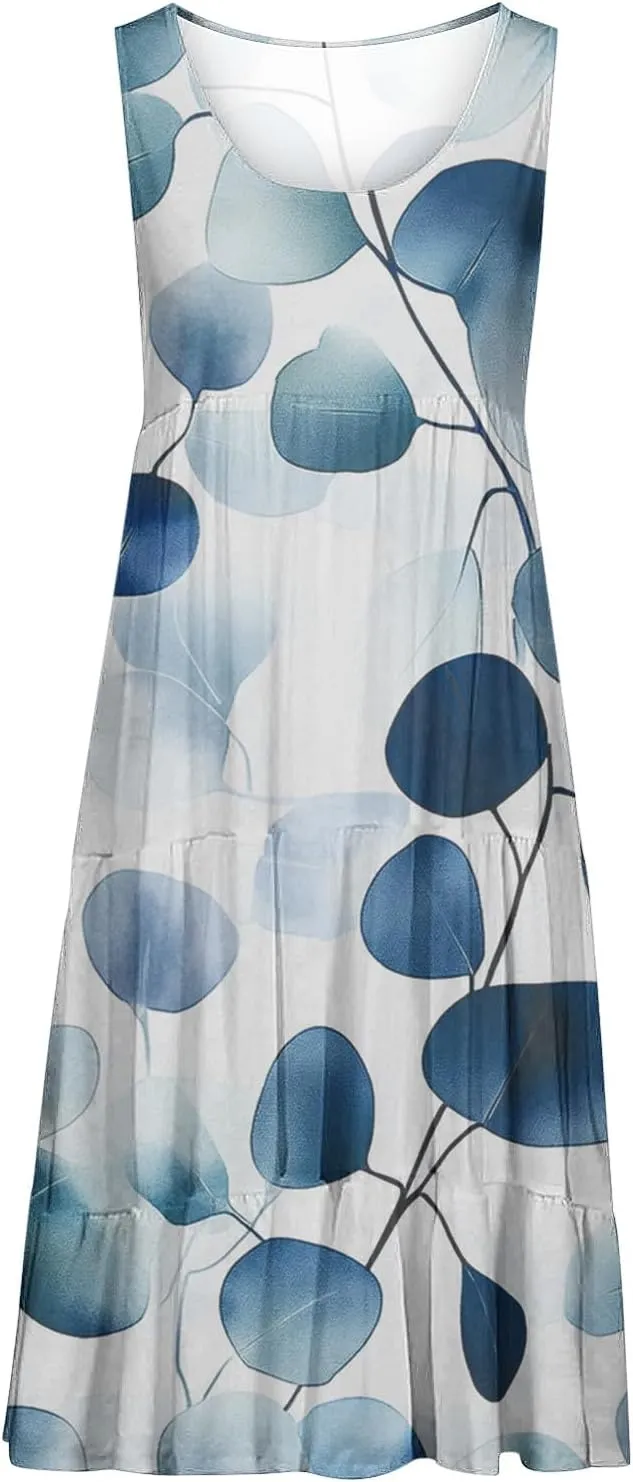 Womens Floral Dress Fashion Sleeveless A-Line Sundress Cute Pleated Flowy Loose Casual Holiday Beach Dress