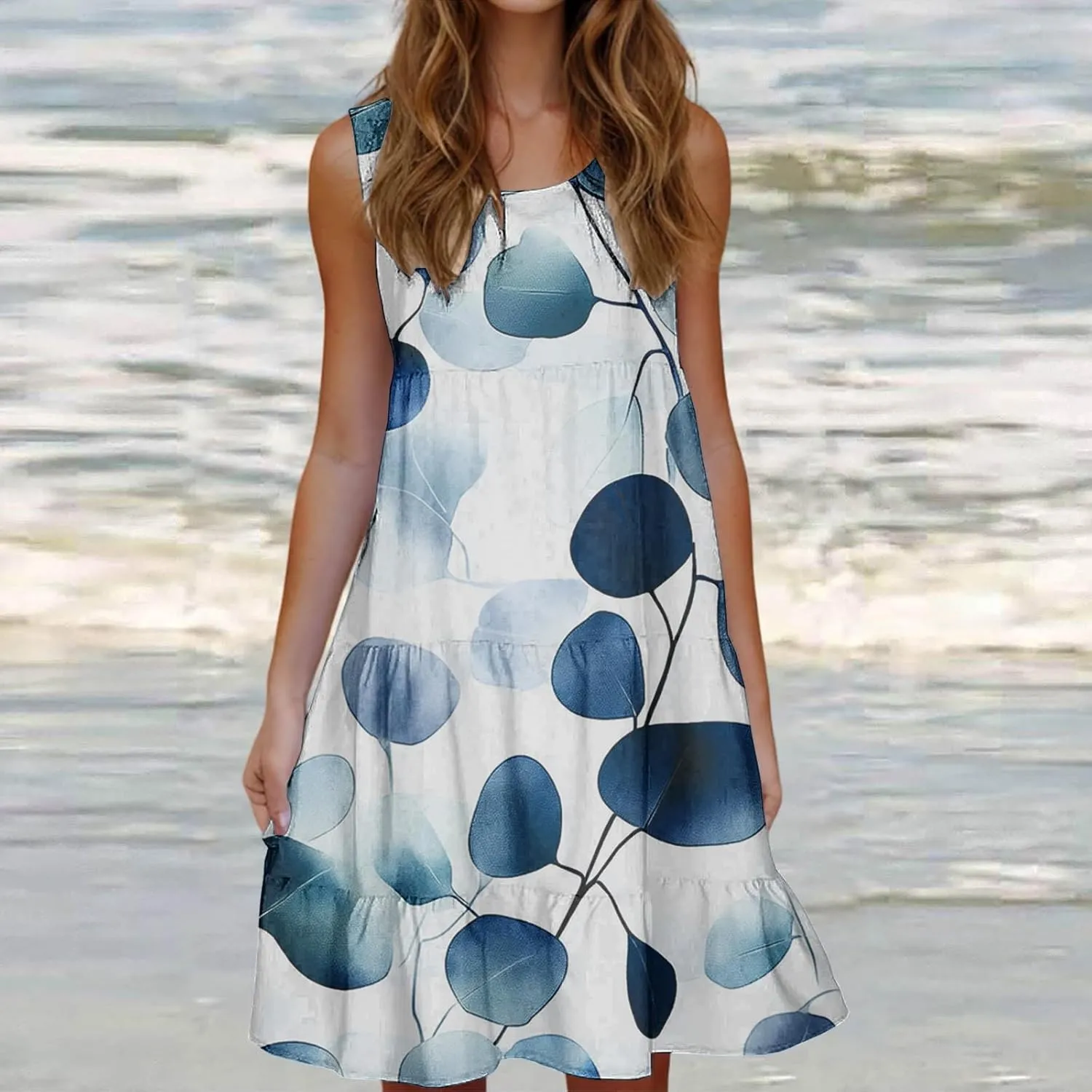 Womens Floral Dress Fashion Sleeveless A-Line Sundress Cute Pleated Flowy Loose Casual Holiday Beach Dress