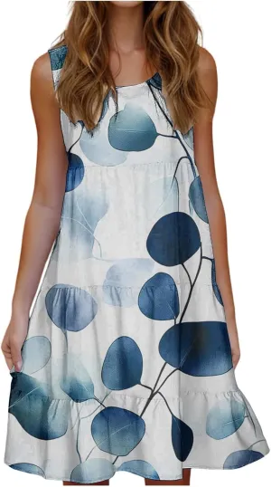 Womens Floral Dress Fashion Sleeveless A-Line Sundress Cute Pleated Flowy Loose Casual Holiday Beach Dress