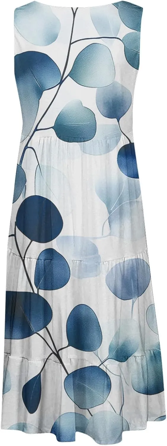 Womens Floral Dress Fashion Sleeveless A-Line Sundress Cute Pleated Flowy Loose Casual Holiday Beach Dress