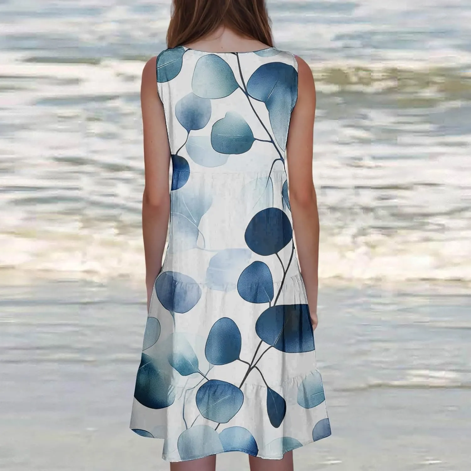 Womens Floral Dress Fashion Sleeveless A-Line Sundress Cute Pleated Flowy Loose Casual Holiday Beach Dress