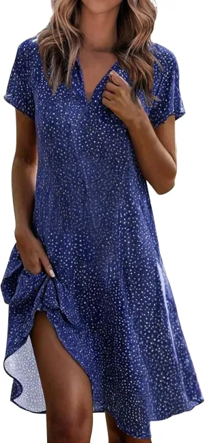 Womens Floral Dress V Neck Short Sleeve A-Line Midi Dresses Summer Casual Loose Wave Point Dress