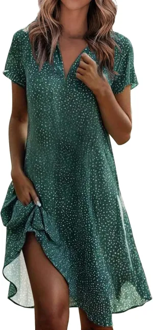 Womens Floral Dress V Neck Short Sleeve A-Line Midi Dresses Summer Casual Loose Wave Point Dress
