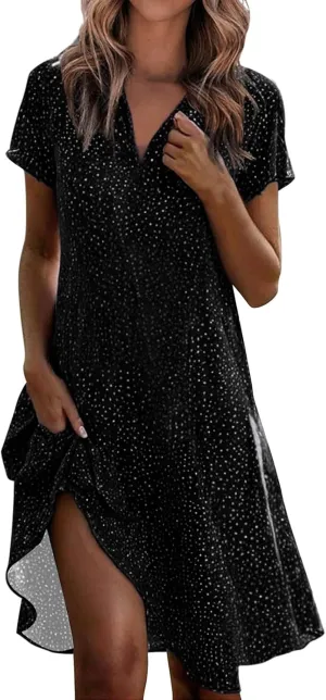 Womens Floral Dress V Neck Short Sleeve A-Line Midi Dresses Summer Casual Loose Wave Point Dress