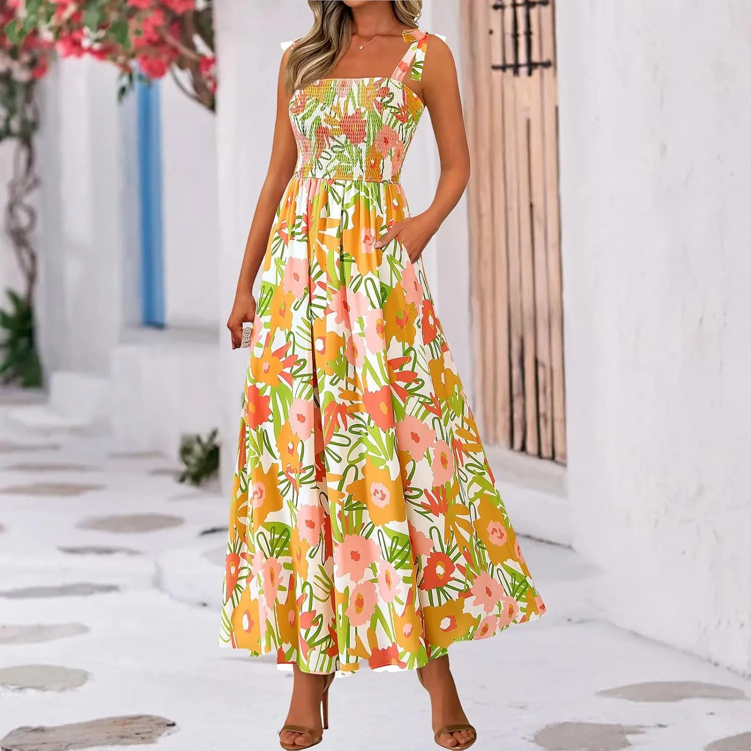 Womens Floral Sleeveless Smocked Summer Boho Square Neck A Line Flowy Beach Long Maxi Sundress