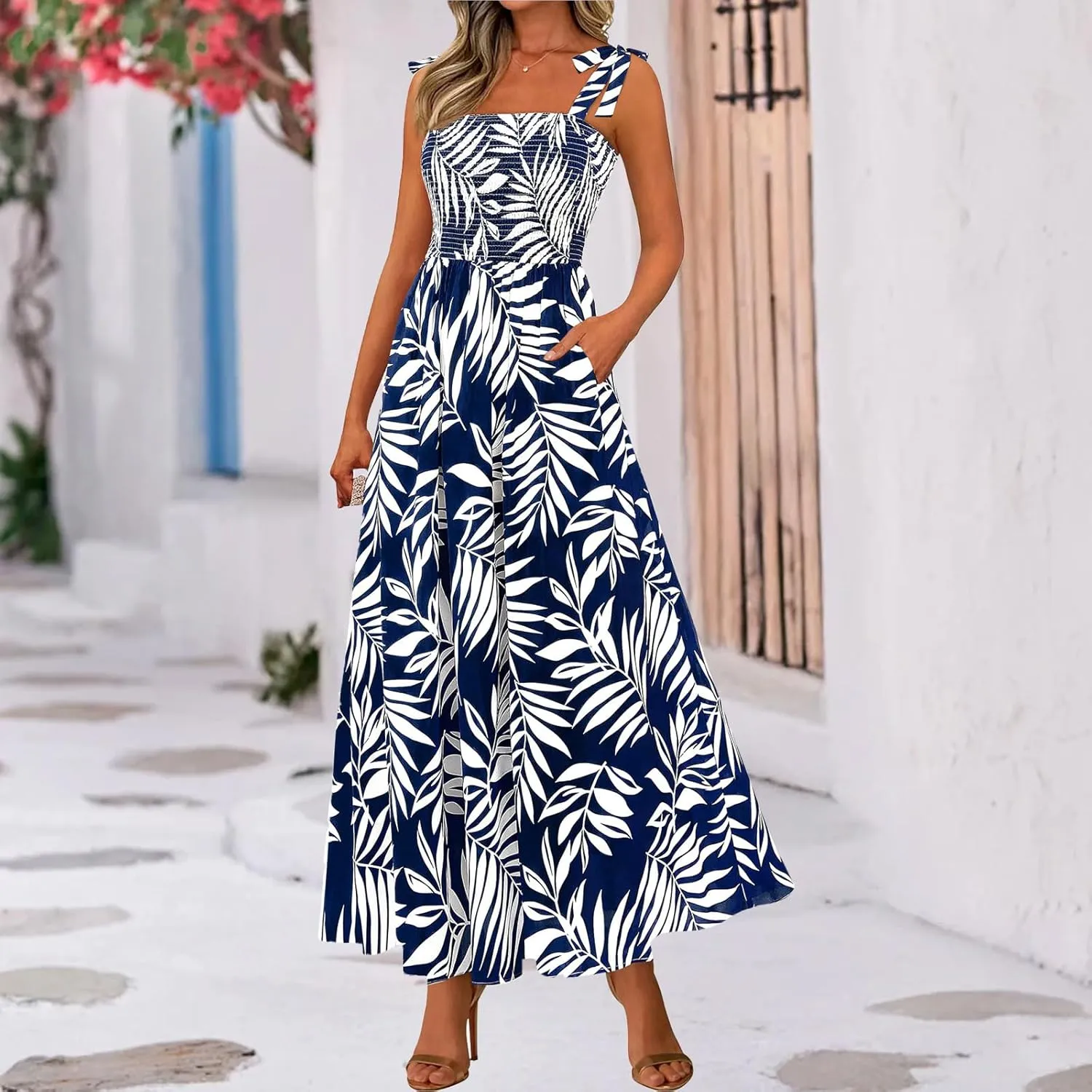 Womens Floral Sleeveless Smocked Summer Boho Square Neck A Line Flowy Beach Long Maxi Sundress