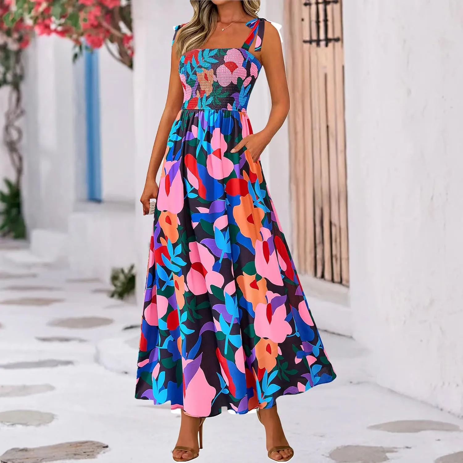 Womens Floral Sleeveless Smocked Summer Boho Square Neck A Line Flowy Beach Long Maxi Sundress