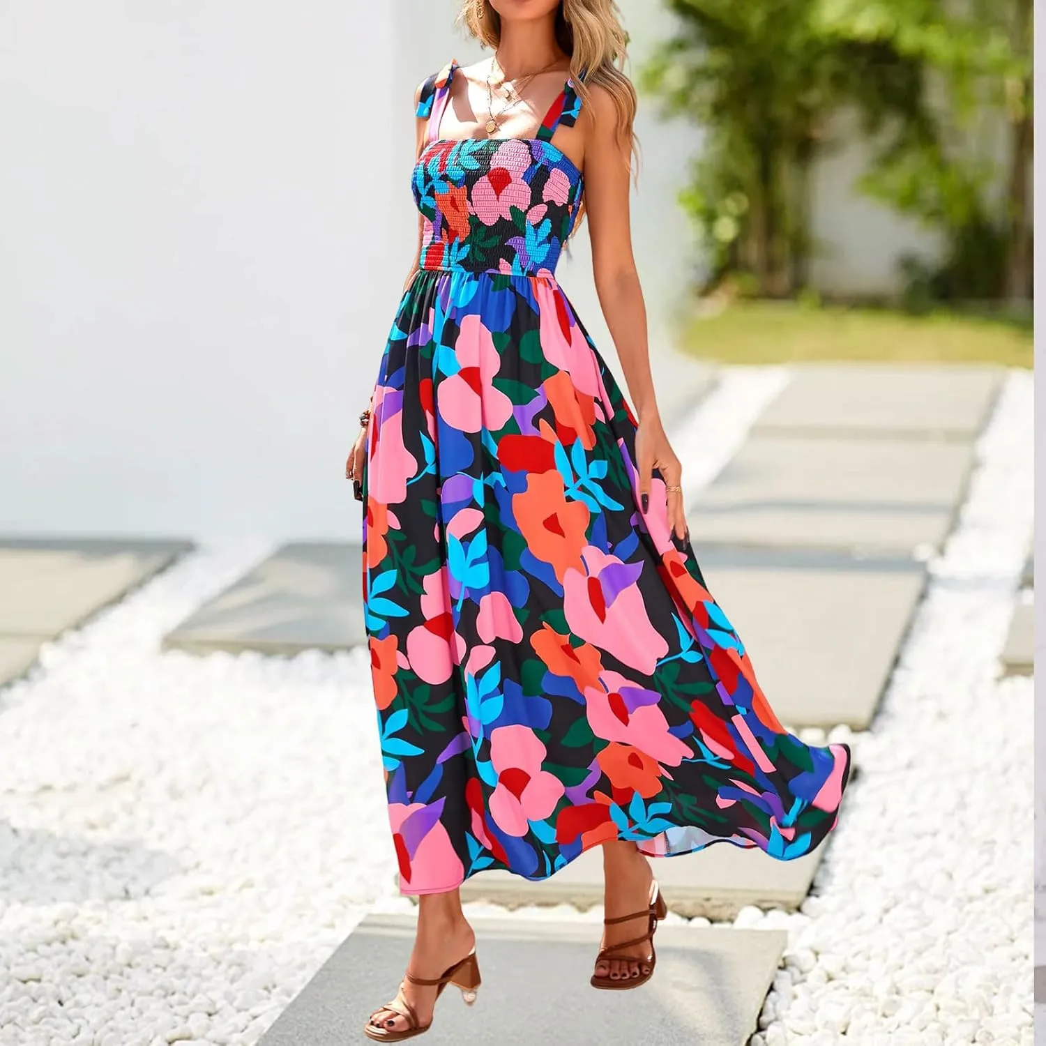 Womens Floral Sleeveless Smocked Summer Boho Square Neck A Line Flowy Beach Long Maxi Sundress