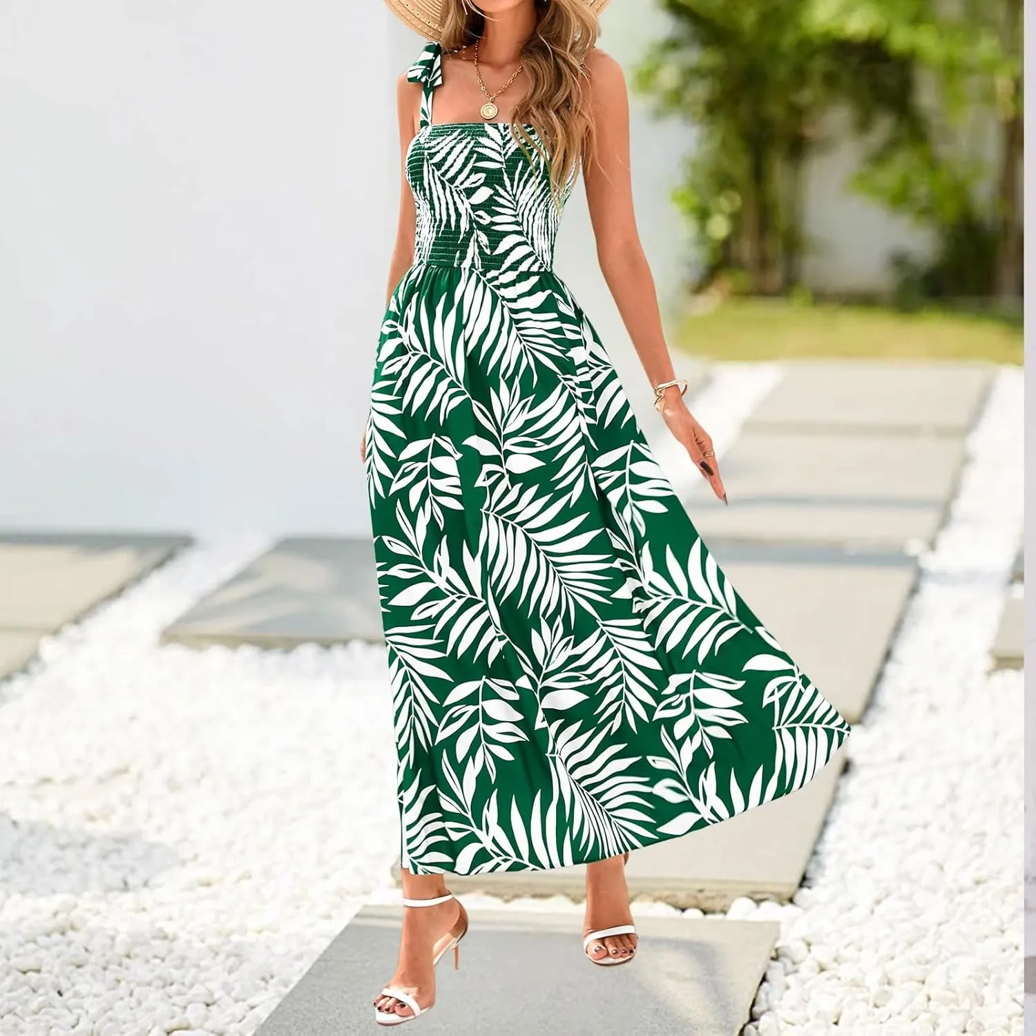 Womens Floral Sleeveless Smocked Summer Boho Square Neck A Line Flowy Beach Long Maxi Sundress