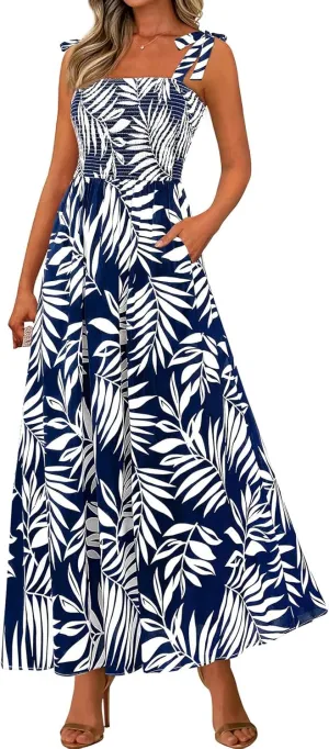 Womens Floral Sleeveless Smocked Summer Boho Square Neck A Line Flowy Beach Long Maxi Sundress