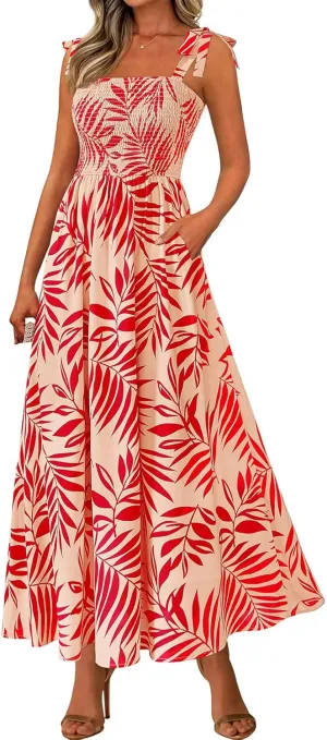 Womens Floral Sleeveless Smocked Summer Boho Square Neck A Line Flowy Beach Long Maxi Sundress