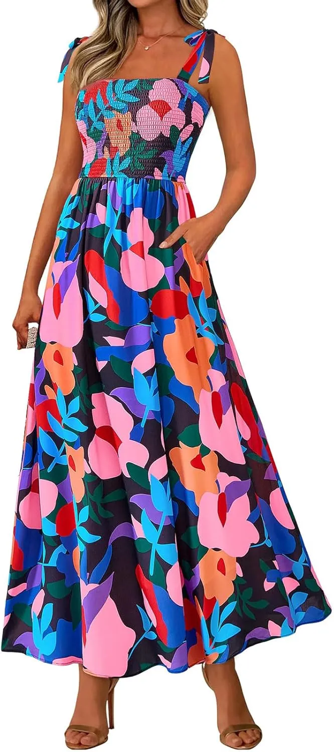 Womens Floral Sleeveless Smocked Summer Boho Square Neck A Line Flowy Beach Long Maxi Sundress