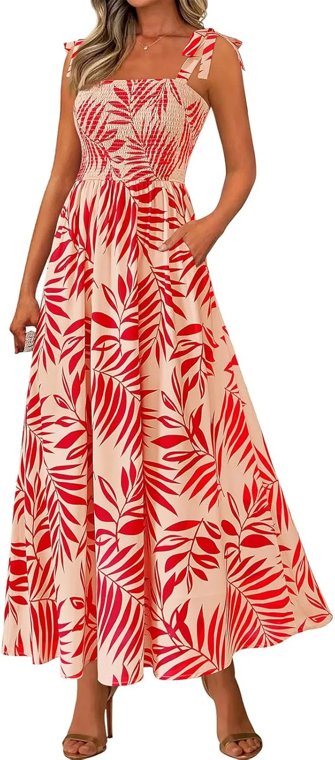 Womens Floral Sleeveless Smocked Summer Boho Square Neck A Line Flowy Beach Long Maxi Sundress