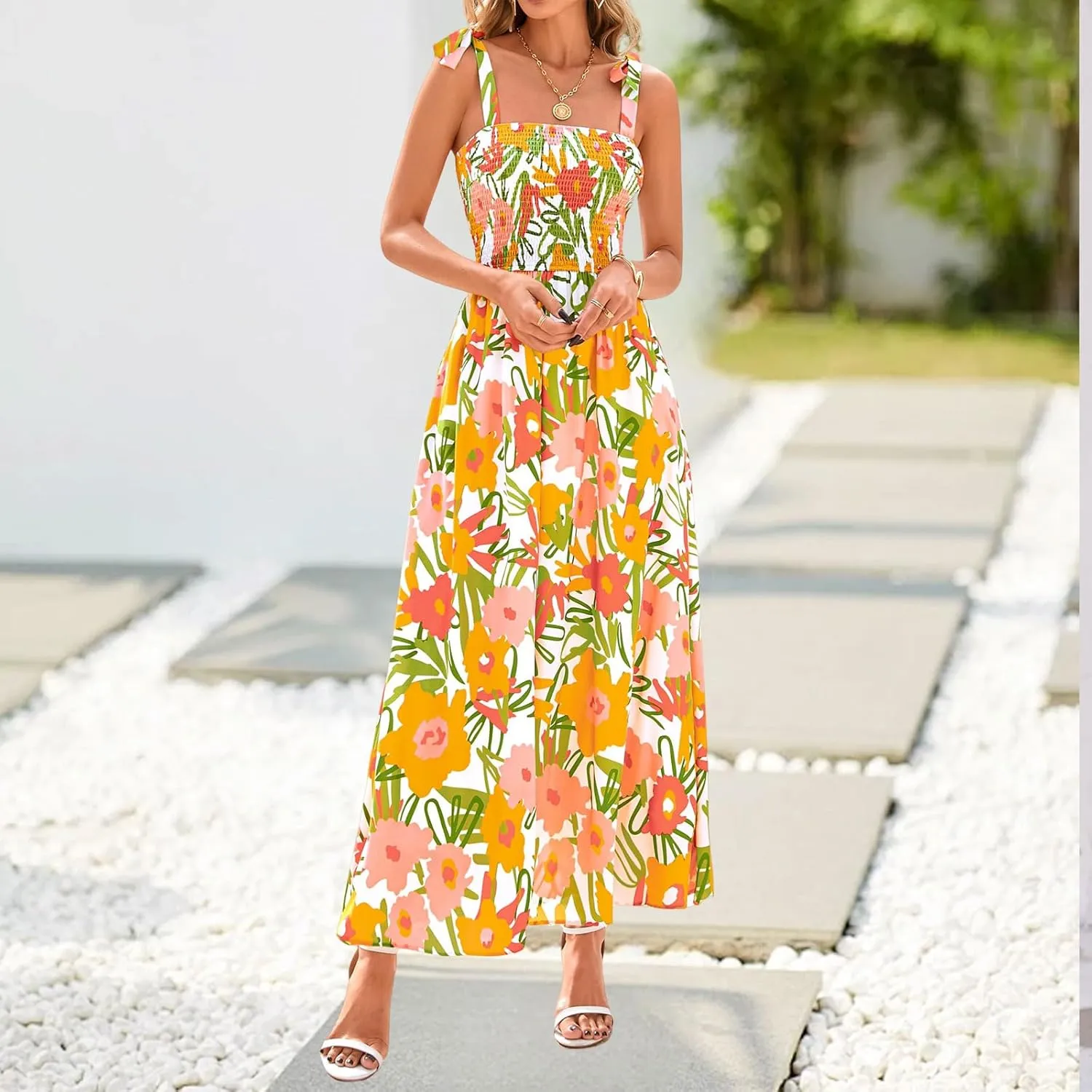 Womens Floral Sleeveless Smocked Summer Boho Square Neck A Line Flowy Beach Long Maxi Sundress