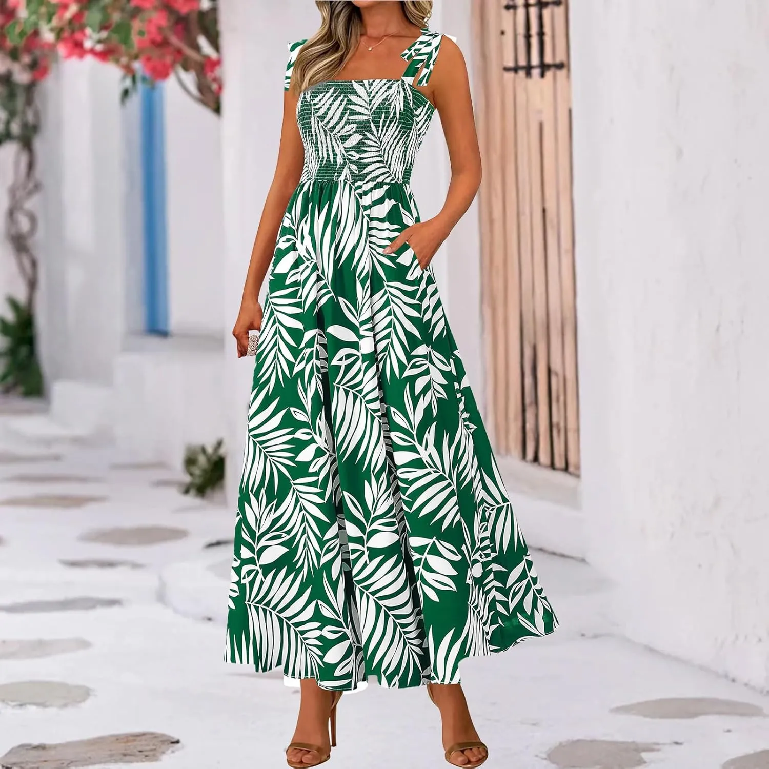 Womens Floral Sleeveless Smocked Summer Boho Square Neck A Line Flowy Beach Long Maxi Sundress