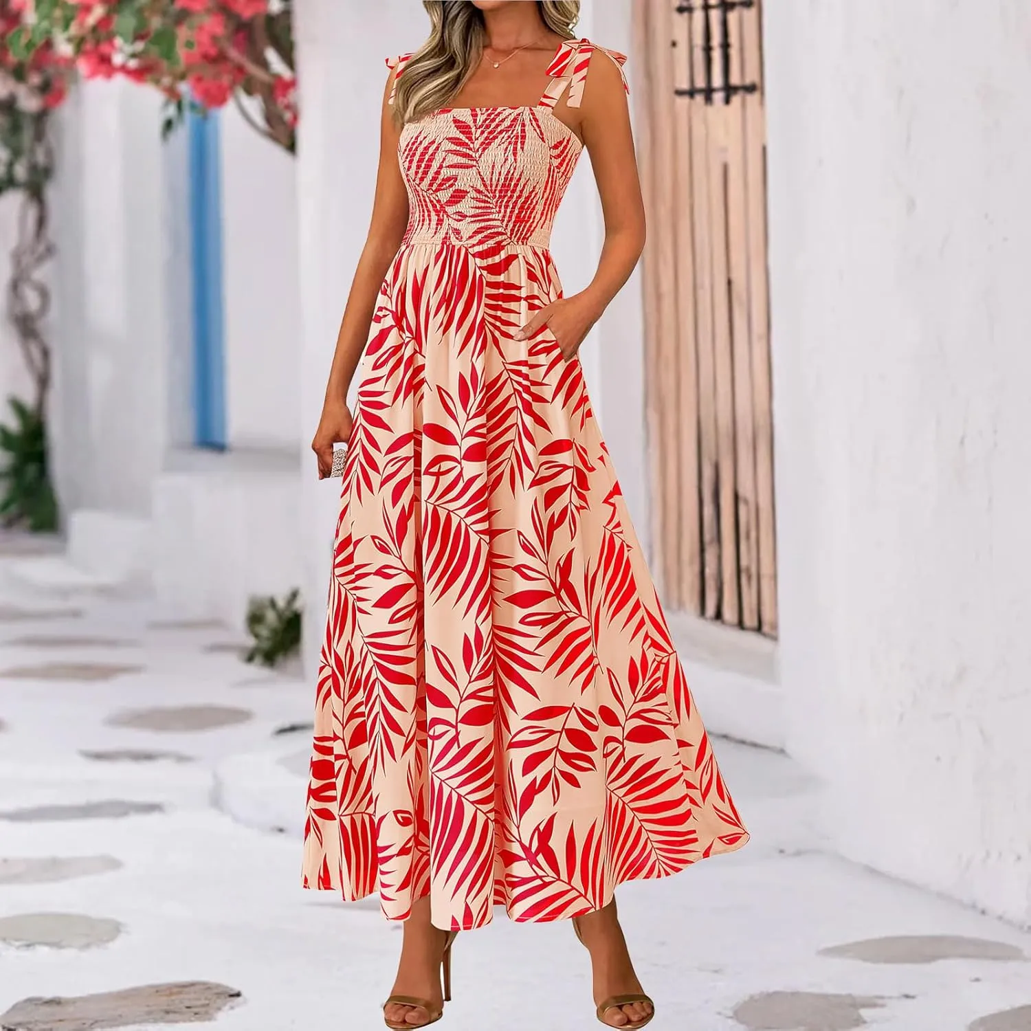 Womens Floral Sleeveless Smocked Summer Boho Square Neck A Line Flowy Beach Long Maxi Sundress