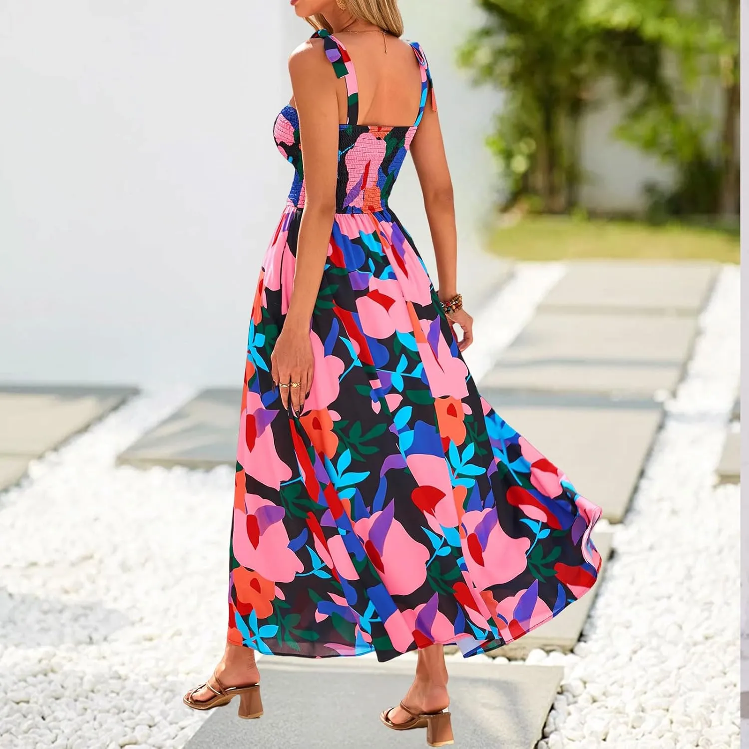Womens Floral Sleeveless Smocked Summer Boho Square Neck A Line Flowy Beach Long Maxi Sundress