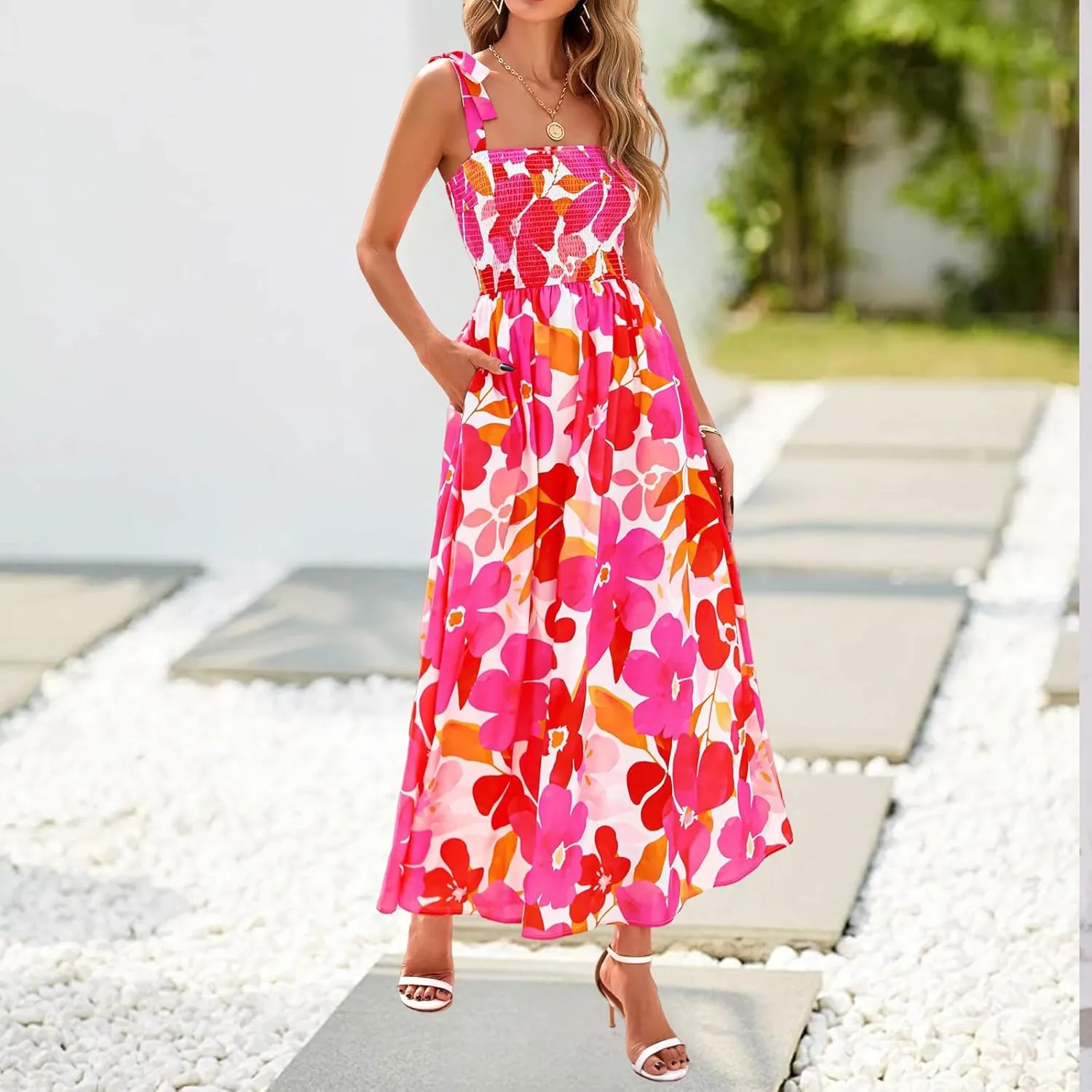 Womens Floral Sleeveless Smocked Summer Boho Square Neck A Line Flowy Beach Long Maxi Sundress