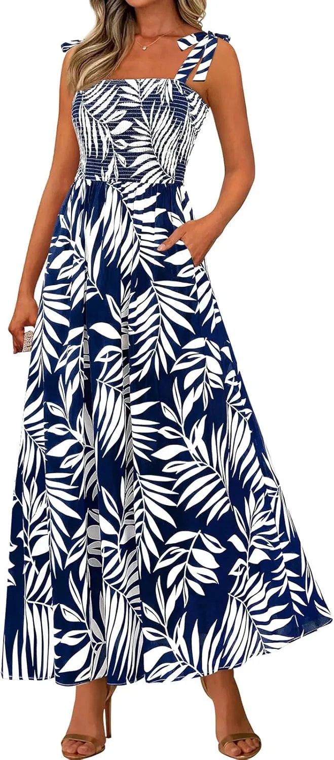 Womens Floral Sleeveless Smocked Summer Boho Square Neck A Line Flowy Beach Long Maxi Sundress