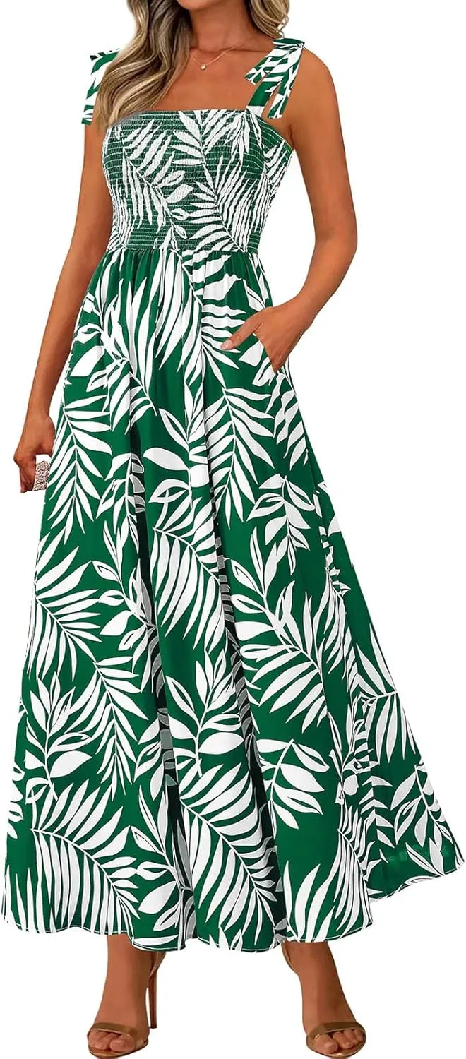 Womens Floral Sleeveless Smocked Summer Boho Square Neck A Line Flowy Beach Long Maxi Sundress