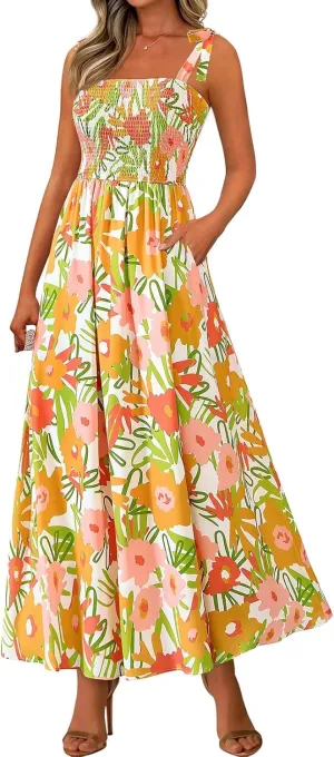Womens Floral Sleeveless Smocked Summer Boho Square Neck A Line Flowy Beach Long Maxi Sundress