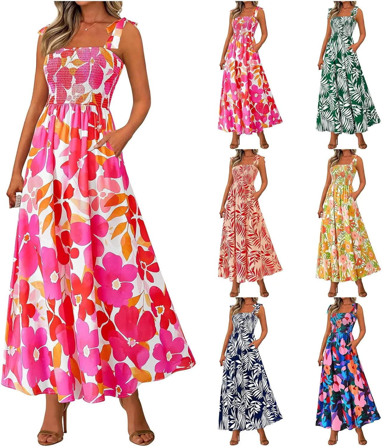 Womens Floral Sleeveless Smocked Summer Boho Square Neck A Line Flowy Beach Long Maxi Sundress