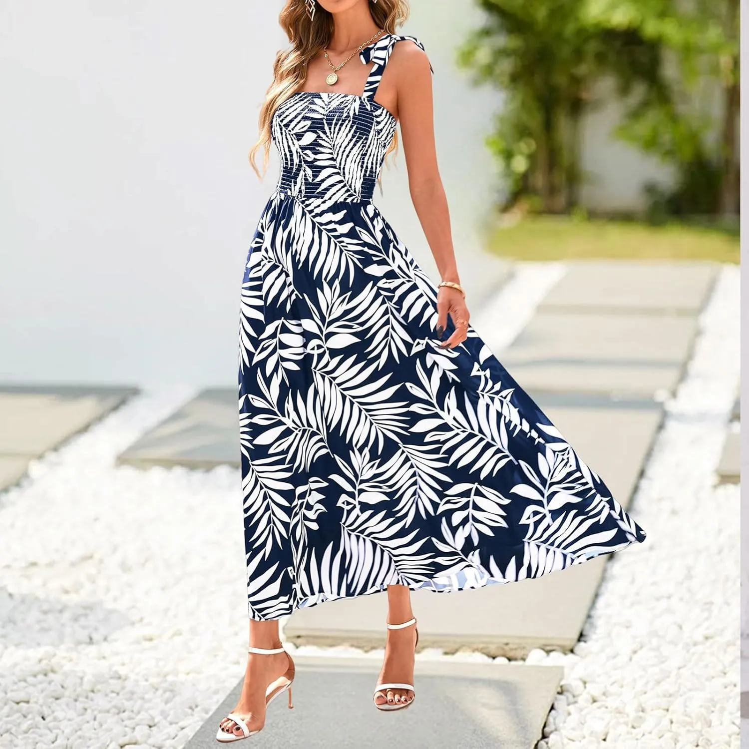 Womens Floral Sleeveless Smocked Summer Boho Square Neck A Line Flowy Beach Long Maxi Sundress