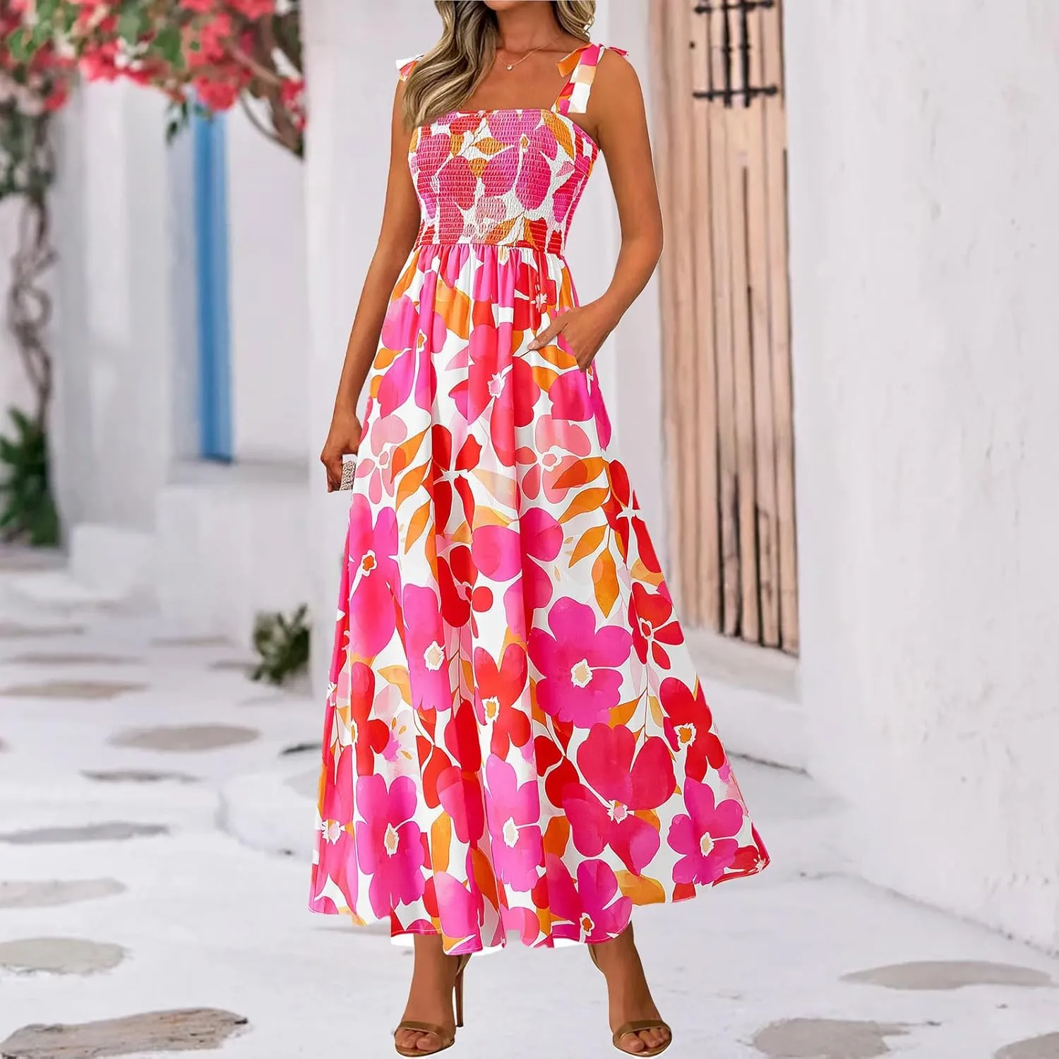 Womens Floral Sleeveless Smocked Summer Boho Square Neck A Line Flowy Beach Long Maxi Sundress