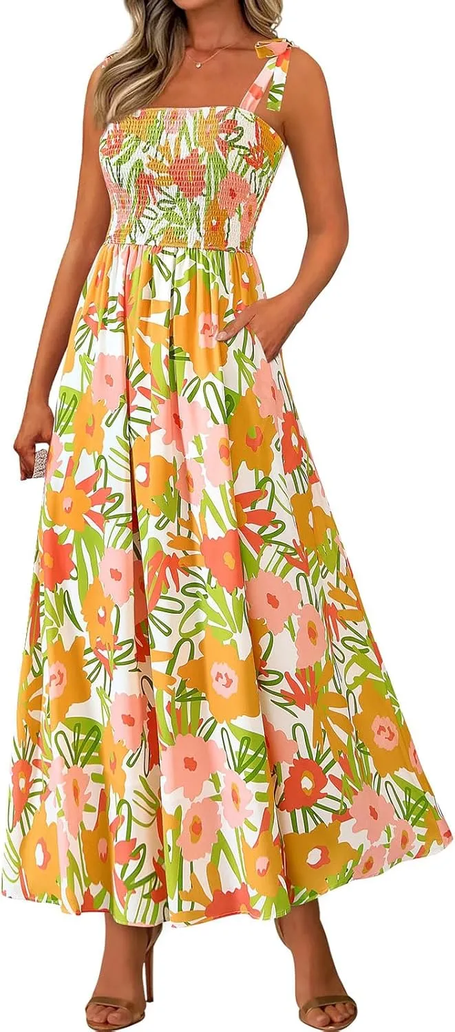 Womens Floral Sleeveless Smocked Summer Boho Square Neck A Line Flowy Beach Long Maxi Sundress