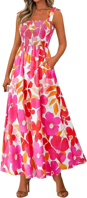 Womens Floral Sleeveless Smocked Summer Boho Square Neck A Line Flowy Beach Long Maxi Sundress