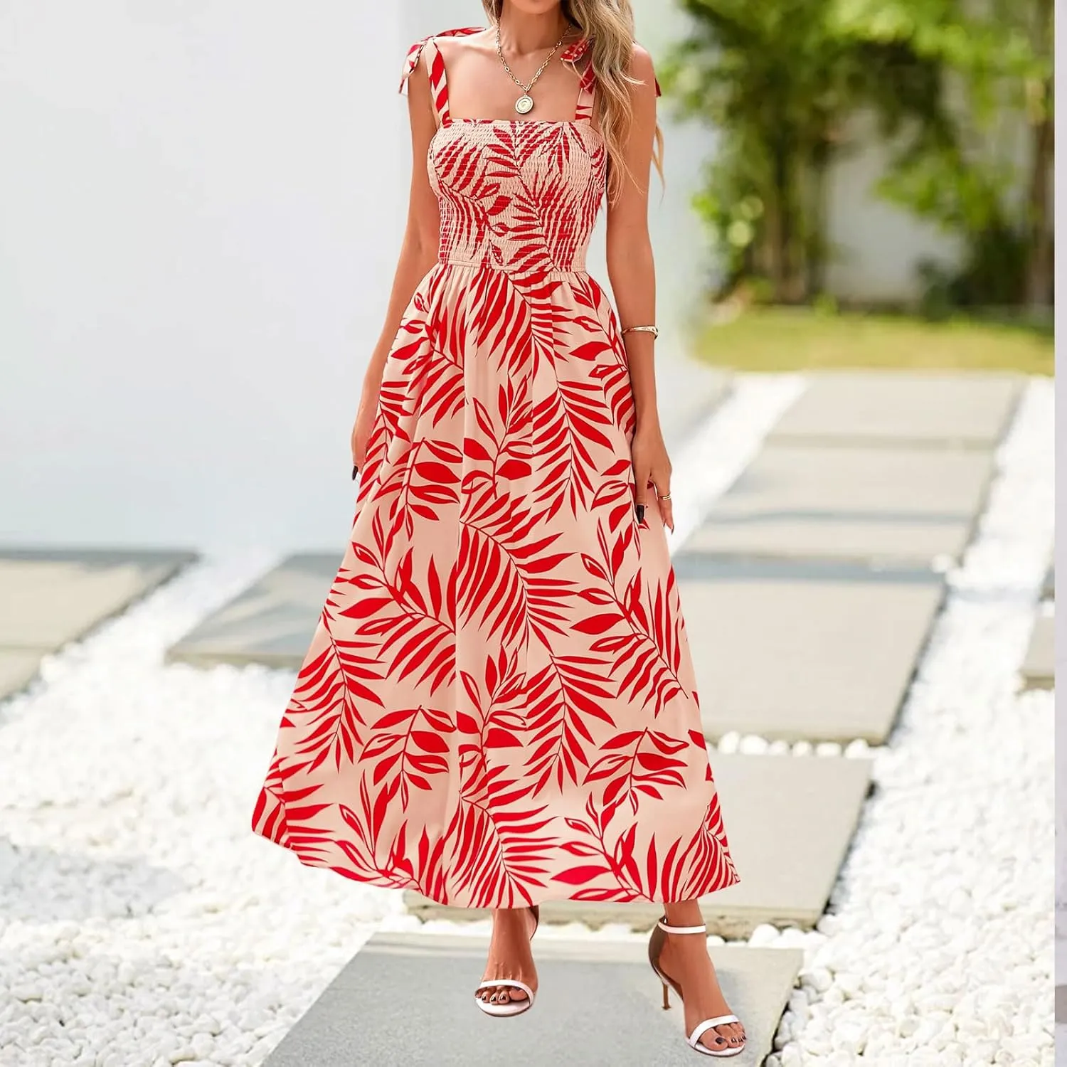 Womens Floral Sleeveless Smocked Summer Boho Square Neck A Line Flowy Beach Long Maxi Sundress