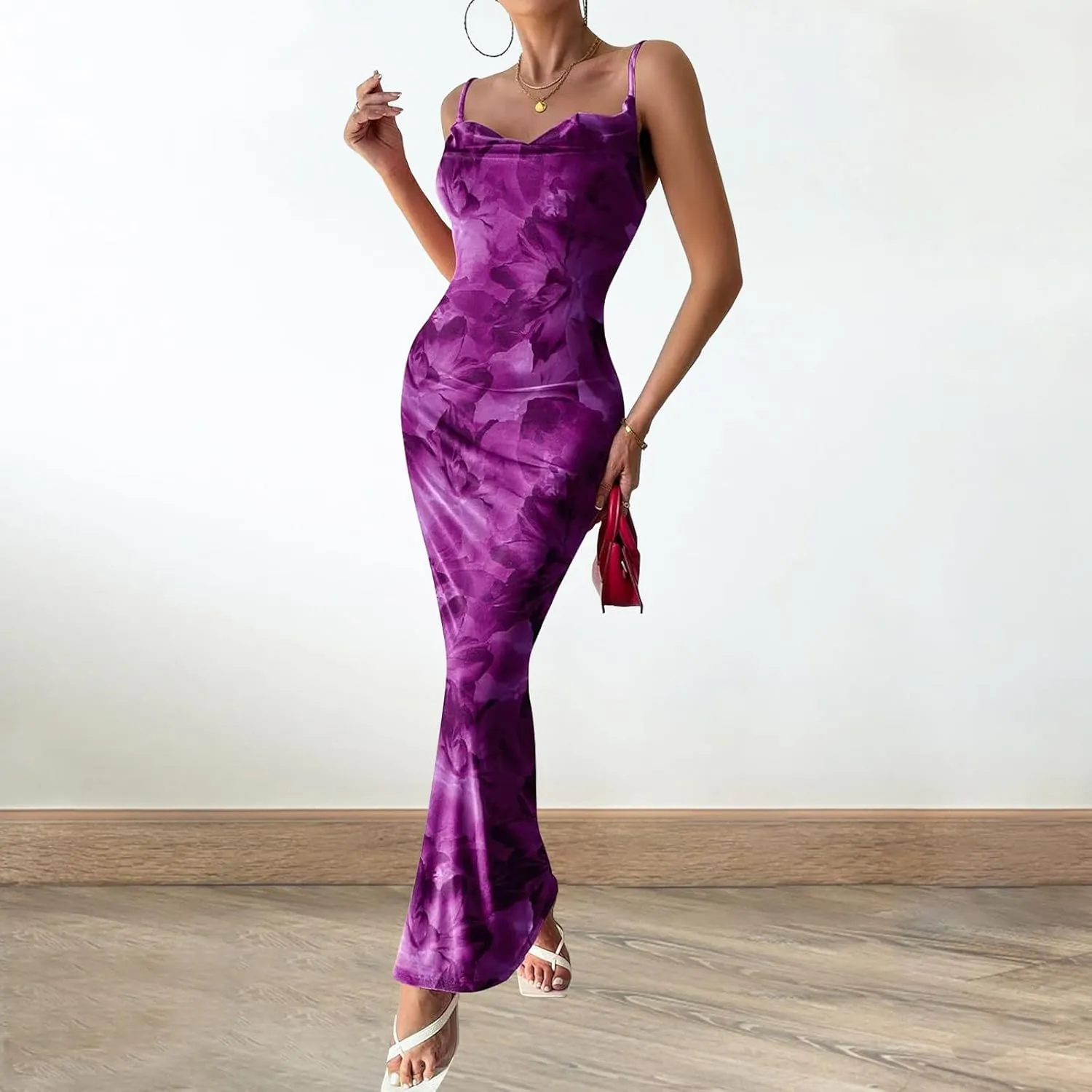 Women's Floral Spaghetti Strap Maxi Dress Sexy Summer Stretch Bodycon Dress Backless Cocktail Slip Long Dresses