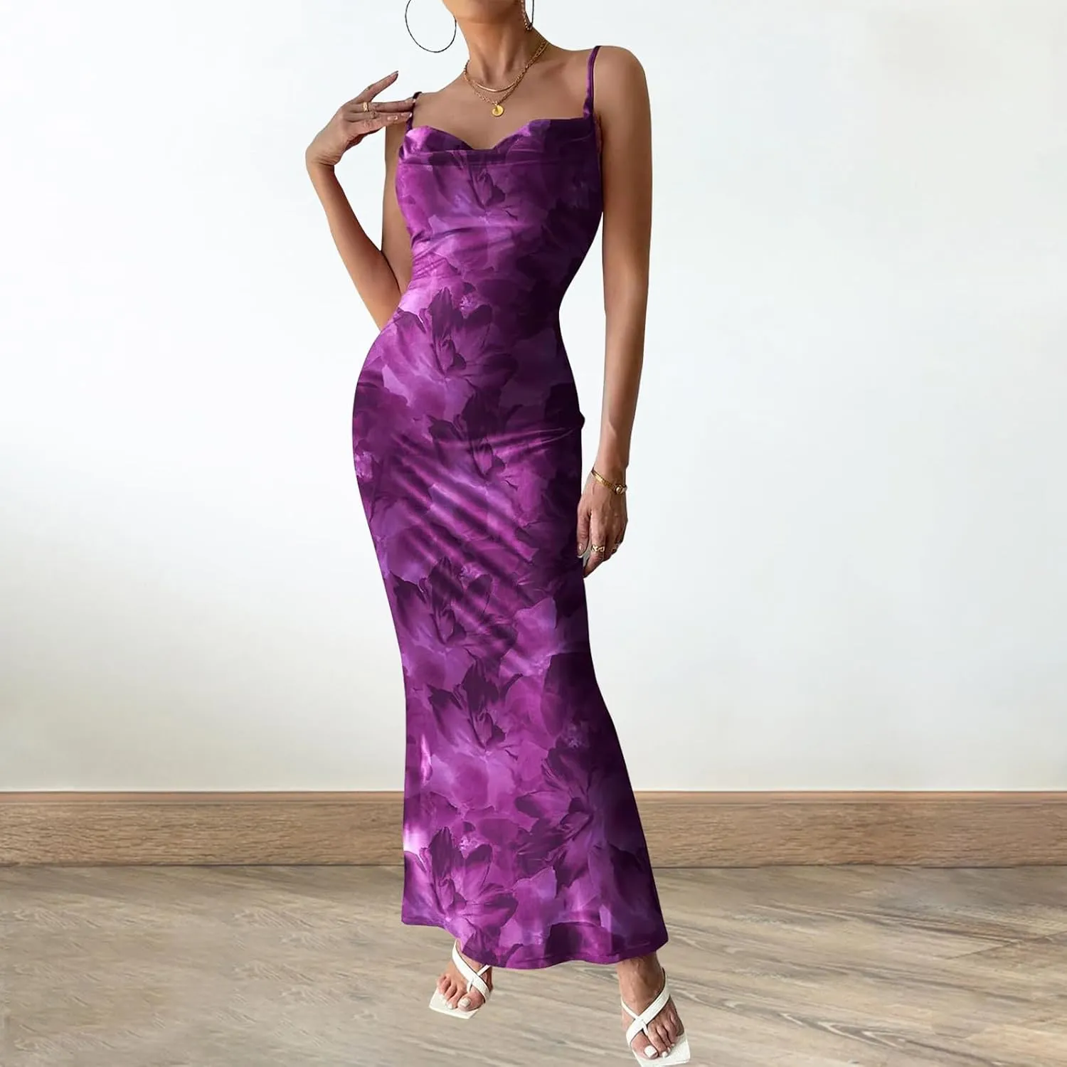 Women's Floral Spaghetti Strap Maxi Dress Sexy Summer Stretch Bodycon Dress Backless Cocktail Slip Long Dresses